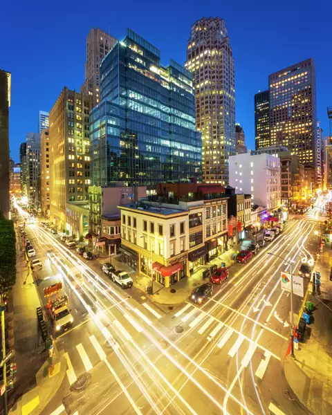 Busy Pine and Kearny Street at night, San Francisco Financial District, California