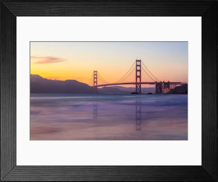Framed Print : Soft flowing water reflects the beautiful Golden Gate Bridge at sunset, San Francisco Framed Print : Soft flowing water reflects the beautiful Golden Gate Bridge at sunset, San Francisco