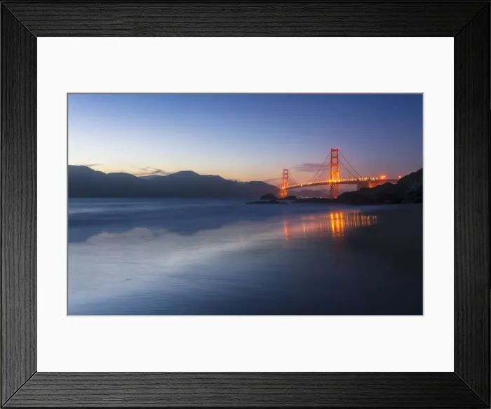 Framed Print : Soft flowing water reflects the beautiful Golden Gate Bridge from Baker Beach, San Francisco Framed Print : Soft flowing water reflects the beautiful Golden Gate Bridge from Baker Beach, San Francisco