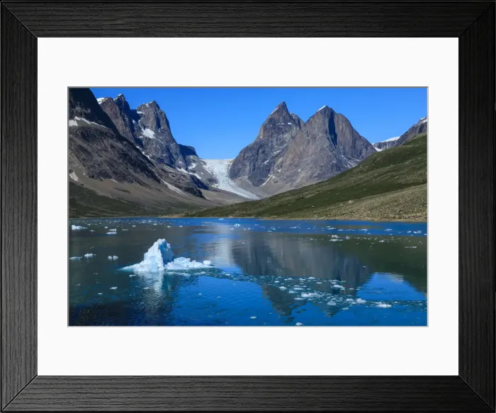 Framed Print : Blue iceberg, pyramidal peaks, glacier, rugged South Skjoldungen Fjord and Island Framed Print : Blue iceberg, pyramidal peaks, glacier, rugged South Skjoldungen Fjord and Island