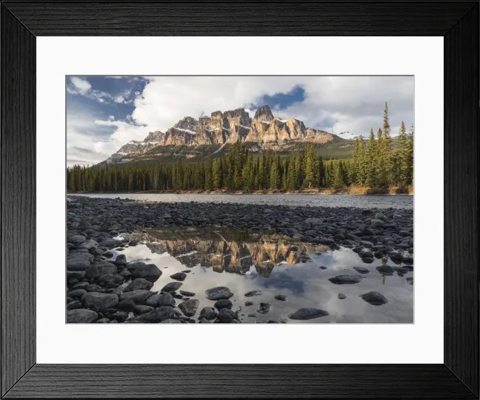 Framed Print : Castle Mountain and Bow River sunset and reflection, Banff National Park, Alberta, Canada