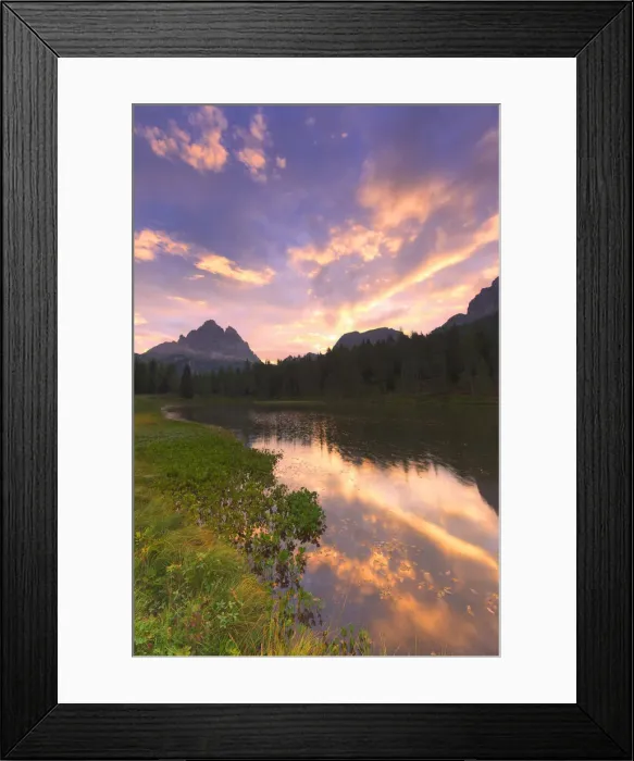 Framed Print : Three Peaks of Lavaredo are reflected in the Antorno Lake during sunrise. Sesto Dolomites