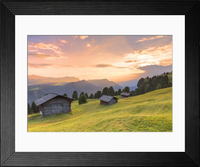 Framed Print : Sunset above traditional huts in the pasture. Gardena Valley, South Tyrol, Dolomites, Italy, Europe Framed Print : Sunset above traditional huts in the pasture. Gardena Valley, South Tyrol, Dolomites, Italy, Europe