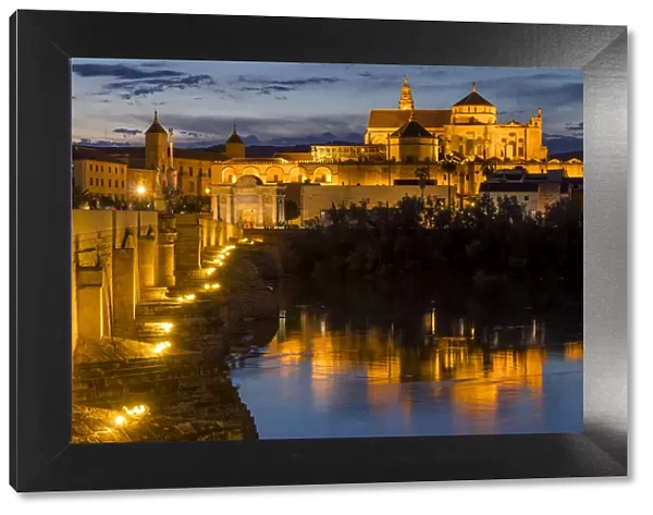 The illuminated mosque-cathedral and the Roman bridge at dusk, Cordoba, Andalusia