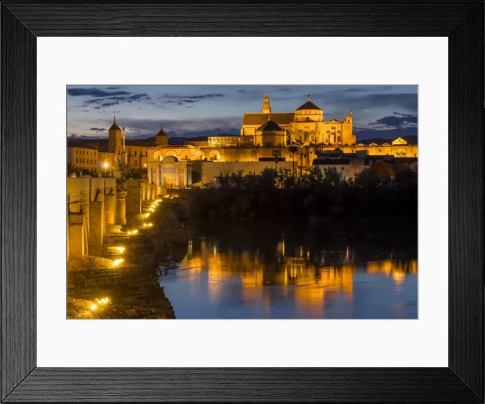 Framed Print : The illuminated mosque-cathedral and the Roman bridge at dusk, Cordoba, Andalusia Framed Print : The illuminated mosque-cathedral and the Roman bridge at dusk, Cordoba, Andalusia
