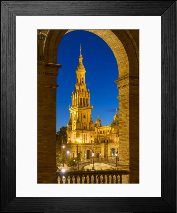 Framed Print : Illuminated Northern Tower at Plaza de EspaA±a during dusk, Seville, Andalusia