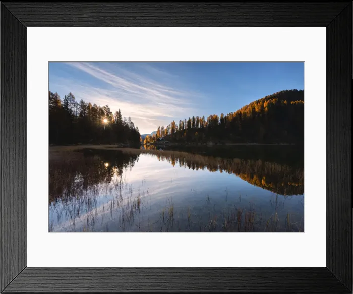 Framed Print : Autumn sunrise at Lake Malghette, Val Rendena, Trentino Alto Adige, Italy Framed Print : Autumn sunrise at Lake Malghette, Val Rendena, Trentino Alto Adige, Italy