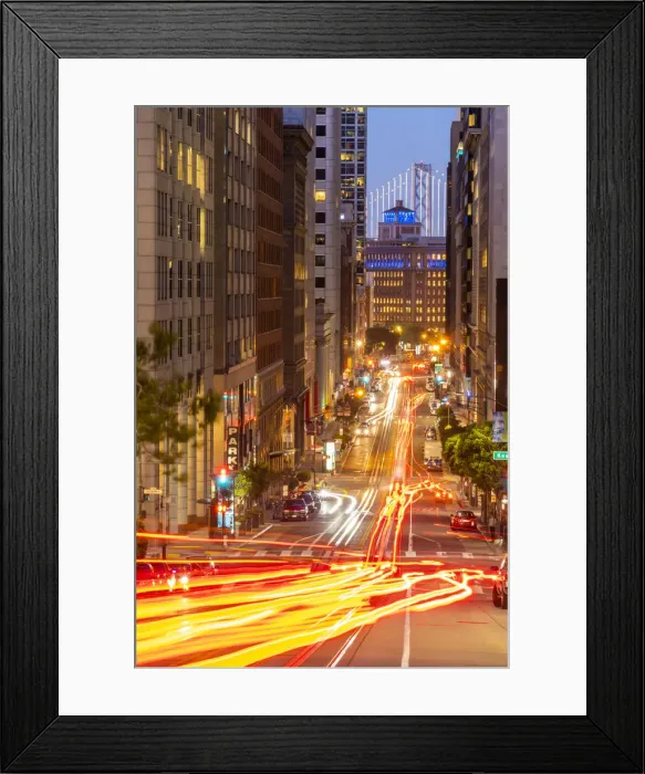 Framed Print : View of California Street and Oakland Bay Bridge at dusk, San Francisco, California Framed Print : View of California Street and Oakland Bay Bridge at dusk, San Francisco, California