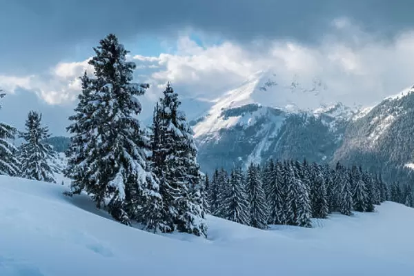 Morzine Ski Area, Snowy winter mountain landscape, Port du Soleil, Auvergne Rhone Alpes
