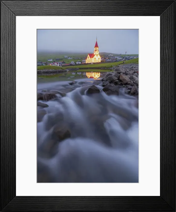 Framed Print : Church of Sandavagur at dusk, Vagar island, Faroe Islands, Denmark Framed Print : Church of Sandavagur at dusk, Vagar island, Faroe Islands, Denmark