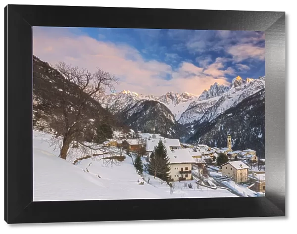 Alpine village of Soglio covered with snow, Bregaglia Valley, Maloja Region, Canton of Graubunden