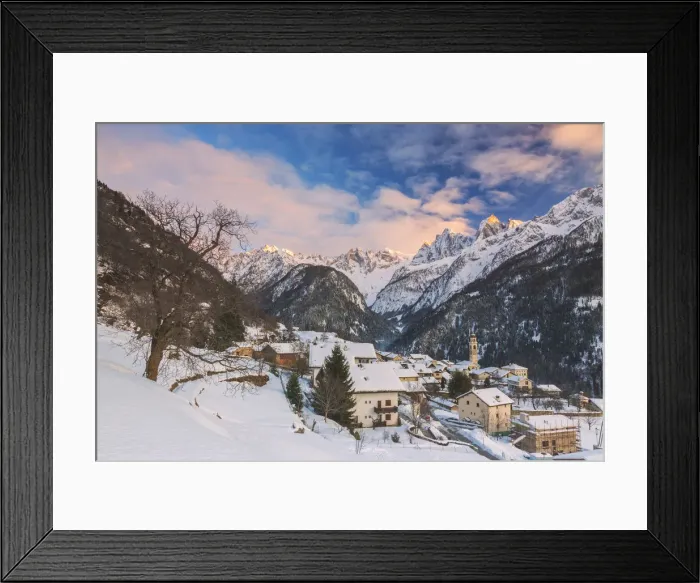 Framed Print : Alpine village of Soglio covered with snow, Bregaglia Valley, Maloja Region, Canton of Graubunden Framed Print : Alpine village of Soglio covered with snow, Bregaglia Valley, Maloja Region, Canton of Graubunden