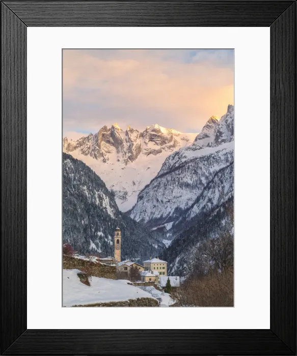 Framed Print : Apine village of Soglio at sunset, Bregaglia Valley, Maloja Region, Canton of Graubunden Framed Print : Apine village of Soglio at sunset, Bregaglia Valley, Maloja Region, Canton of Graubunden
