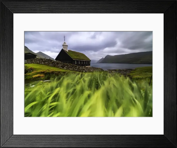 Framed Print : Church with traditional grass roof oceanfront, Funningur, Eysturoy island, Faroe Islands Framed Print : Church with traditional grass roof oceanfront, Funningur, Eysturoy island, Faroe Islands