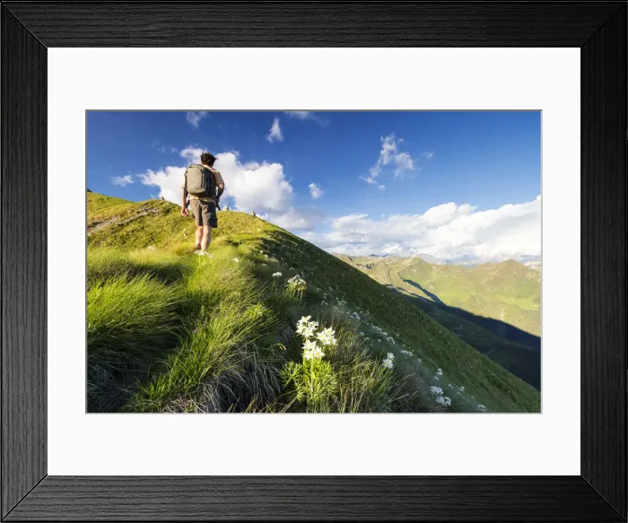 Framed Print : Hiker on steep ridge on the ascent towards Monte Azzarini, San Marco Pass, Albaredo Valley Framed Print : Hiker on steep ridge on the ascent towards Monte Azzarini, San Marco Pass, Albaredo Valley