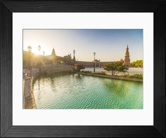 Framed Print : Sunrise over the decorated buildings and bridges along the canal, Plaza de Espana Framed Print : Sunrise over the decorated buildings and bridges along the canal, Plaza de Espana