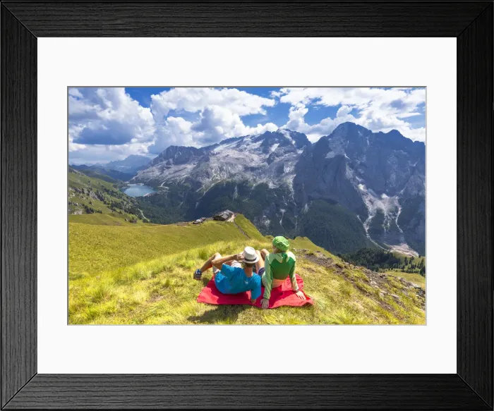 Framed Print : Tourists looks Viel del Pan Refuge with Marmolada in the background. Pordoi Pass Framed Print : Tourists looks Viel del Pan Refuge with Marmolada in the background. Pordoi Pass