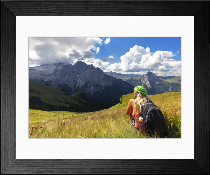 Framed Print : Girl looks Marmolada from Viel del Pan path. Pordoi Pass, Fassa Valley, Trentino