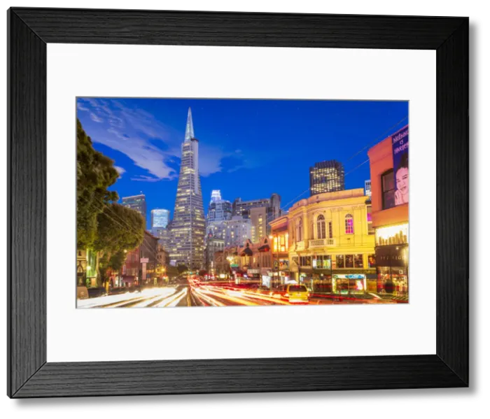 Framed Print : View of Transamerica Pyramid building on Columbus Avenue and car trail lights, San Francisco Framed Print : View of Transamerica Pyramid building on Columbus Avenue and car trail lights, San Francisco