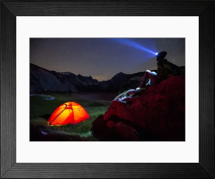 Framed Print : A person looks stars near his red tent. Unterer Segnesboden, Flims, District of Imboden Framed Print : A person looks stars near his red tent. Unterer Segnesboden, Flims, District of Imboden