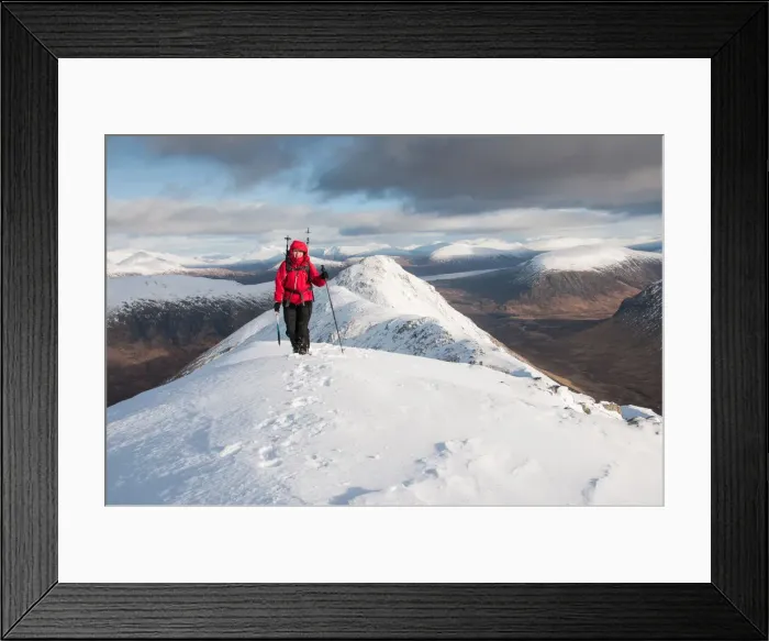 Framed Print : A female walker approaching the summit of Stob Dubh on Buchaille Etive Beag on a Framed Print : A female walker approaching the summit of Stob Dubh on Buchaille Etive Beag on a