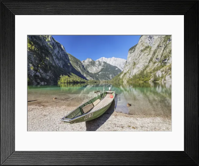 Framed Print : Fishing boat on Lake Obersee, Watzmann Mountain, near lake Koenigssee, Berchtesgadener Land Framed Print : Fishing boat on Lake Obersee, Watzmann Mountain, near lake Koenigssee, Berchtesgadener Land
