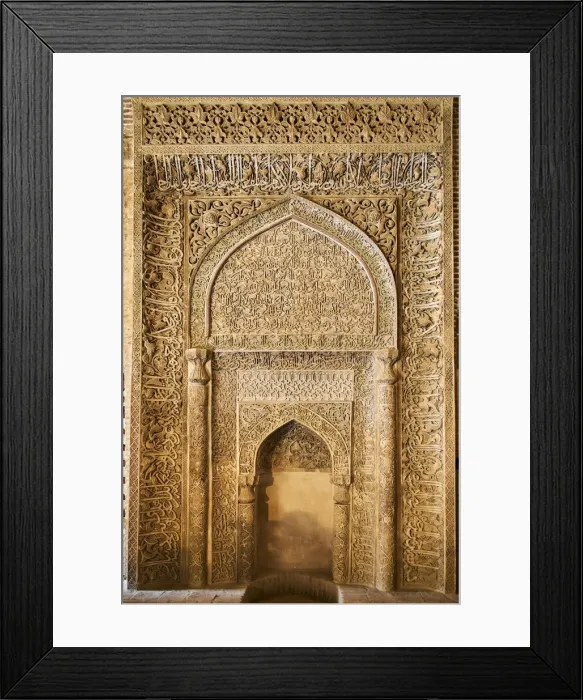 Framed Print : Iran, Isfahan, Friday mosque, world heritage of the UNESCO, stucco mihrab with Quranic Framed Print : Iran, Isfahan, Friday mosque, world heritage of the UNESCO, stucco mihrab with Quranic