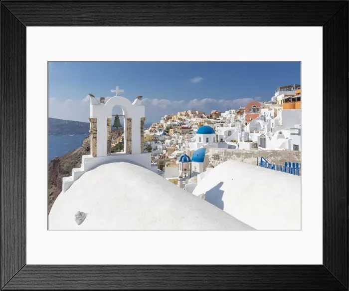 Framed Print : View of blue domed churches and Oia village, Santorini, Aegean Island, Cyclades Island Framed Print : View of blue domed churches and Oia village, Santorini, Aegean Island, Cyclades Island