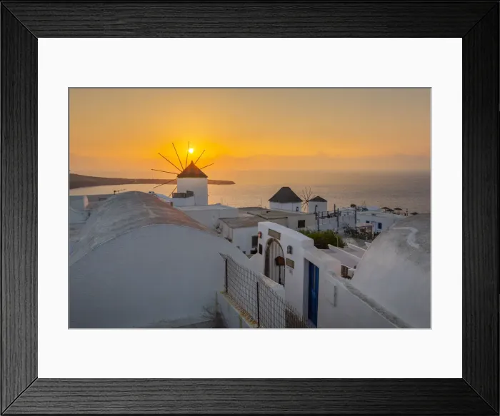 Framed Print : View of windmills at sunset in Oia village, Santorini, Aegean Island, Cyclades Island Framed Print : View of windmills at sunset in Oia village, Santorini, Aegean Island, Cyclades Island