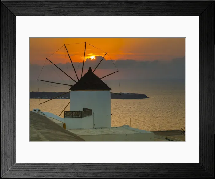 Framed Print : View of windmill at sunset in Oia village, Santorini, Aegean Island, Cyclades Island