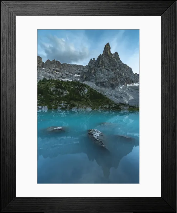 Framed Print : Reflection of Sorapis Group on Sorapis Lake at dusk in summer. Cortina d Ampezzo Framed Print : Reflection of Sorapis Group on Sorapis Lake at dusk in summer. Cortina d Ampezzo