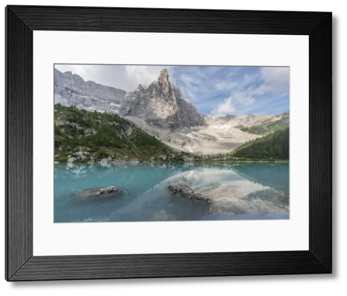 Framed Print : Sorapis Group with clouds and Sorapis Lake in summer. Cortina d Ampezzo, Belluno province Framed Print : Sorapis Group with clouds and Sorapis Lake in summer. Cortina d Ampezzo, Belluno province