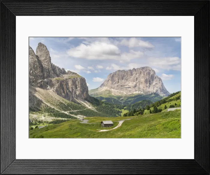 Framed Print : Sella group on the left and Langkofel on the right, shot from Gardena Pass in summer Framed Print : Sella group on the left and Langkofel on the right, shot from Gardena Pass in summer