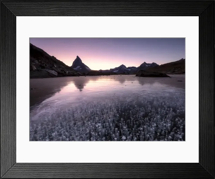 Framed Print : Ice bubbles in the Riffelsee Lake during sunset. Zermatt, Mattertal, Canton of Valais Framed Print : Ice bubbles in the Riffelsee Lake during sunset. Zermatt, Mattertal, Canton of Valais