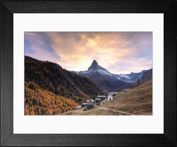 Framed Print : Sunset at Findeln village with Matterhorn in the background. Zermatt, Mattertal, Canton of Valais Framed Print : Sunset at Findeln village with Matterhorn in the background. Zermatt, Mattertal, Canton of Valais