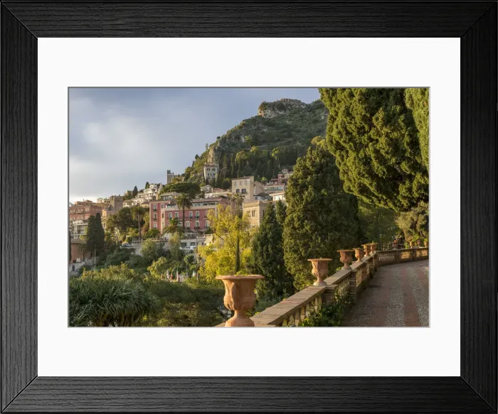 Framed Print : View from the public garden Parco Duca di Cesaro, Taormina, Sicily, Italy, Europe Framed Print : View from the public garden Parco Duca di Cesaro, Taormina, Sicily, Italy, Europe