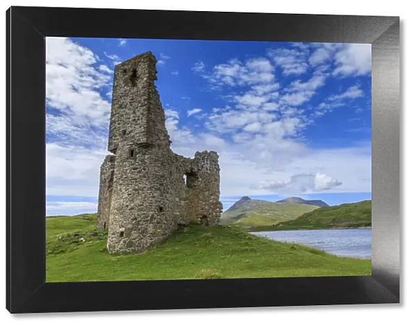 Ardvreck Castle, mountain landscape, Loch Assynt, Sutherland, Summer, Ullapool, Scottish Highlands