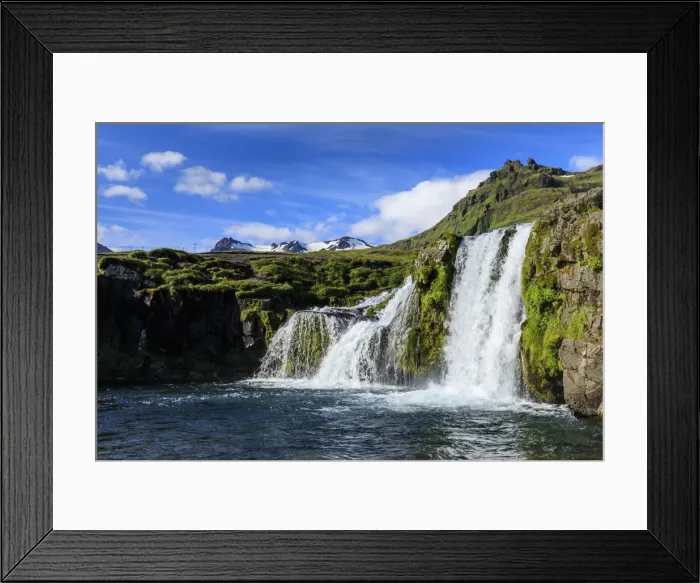 Framed Print : Kirkjufellsfoss Waterfall, snowy mountains, Grundarfjordur, blue sky, good Summer weather Framed Print : Kirkjufellsfoss Waterfall, snowy mountains, Grundarfjordur, blue sky, good Summer weather