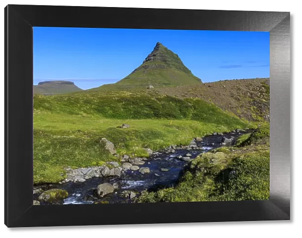 Kirkjufell Mountain, river, lush grass, Grundarfjordur, blue sky, good weather, Summer