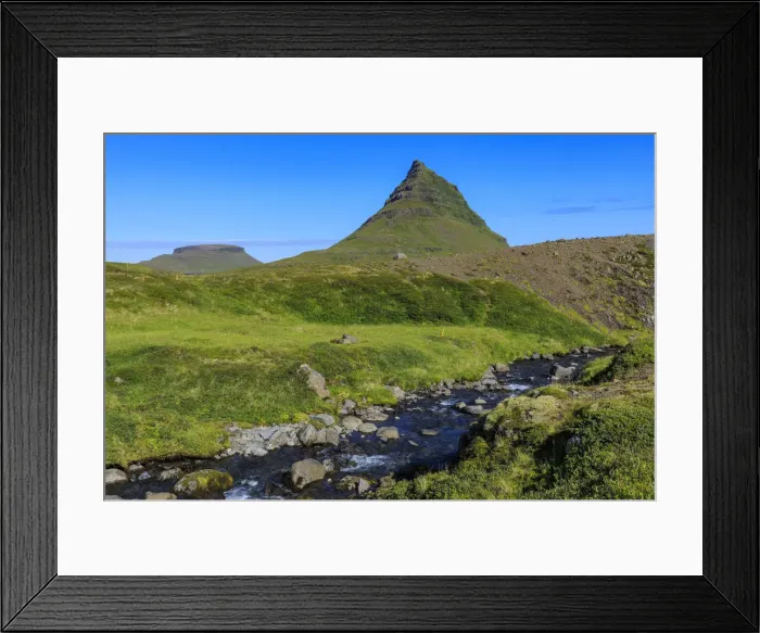 Framed Print : Kirkjufell Mountain, river, lush grass, Grundarfjordur, blue sky, good weather, Summer Framed Print : Kirkjufell Mountain, river, lush grass, Grundarfjordur, blue sky, good weather, Summer