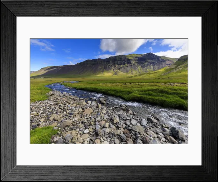 Framed Print : Grundara River, mountains, lush grasses, blue sky, Grundarfjordur, Summer, Snaefellsnes Peninsula Framed Print : Grundara River, mountains, lush grasses, blue sky, Grundarfjordur, Summer, Snaefellsnes Peninsula