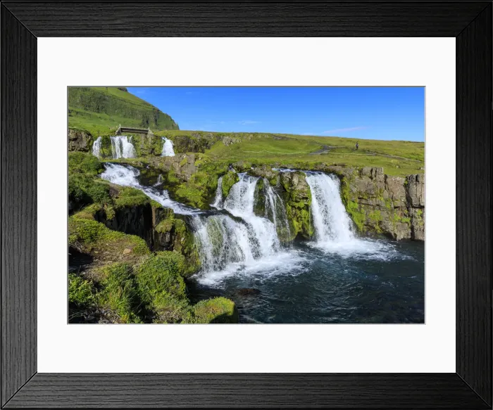 Framed Print : Bridge and Kirkjufellsfoss Waterfall, tourist, Grundarfjordur, blue sky, good Summer weather