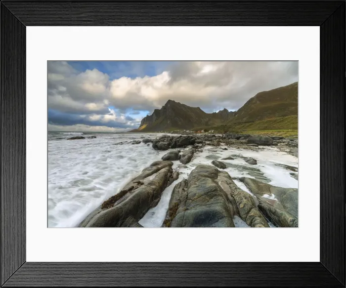 Framed Print : Waves crashing on rocks, Vikten, Flakstad municipality, Nordland, Lofoten Islands, Norway Framed Print : Waves crashing on rocks, Vikten, Flakstad municipality, Nordland, Lofoten Islands, Norway