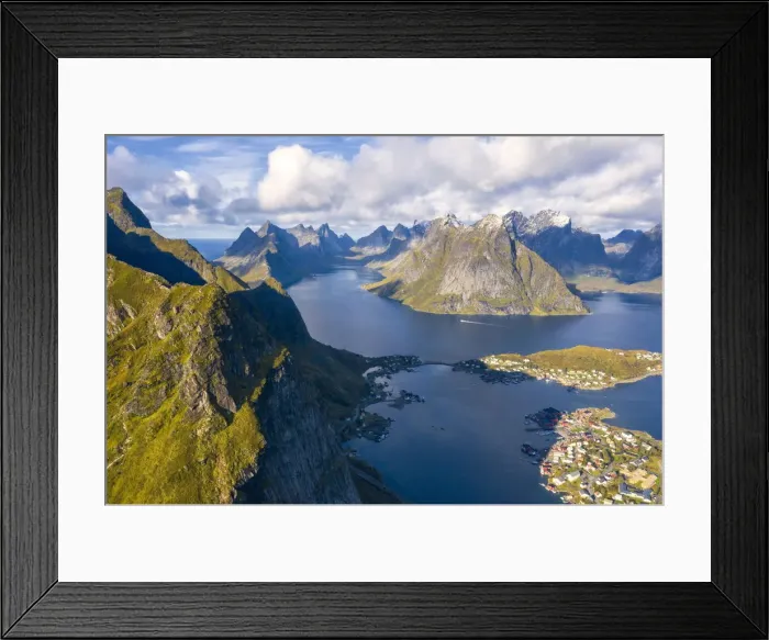 Framed Print : Aerial view of mountains and sea surrounding Reine Bay, Moskenes, Nordland, Lofoten Islands Framed Print : Aerial view of mountains and sea surrounding Reine Bay, Moskenes, Nordland, Lofoten Islands