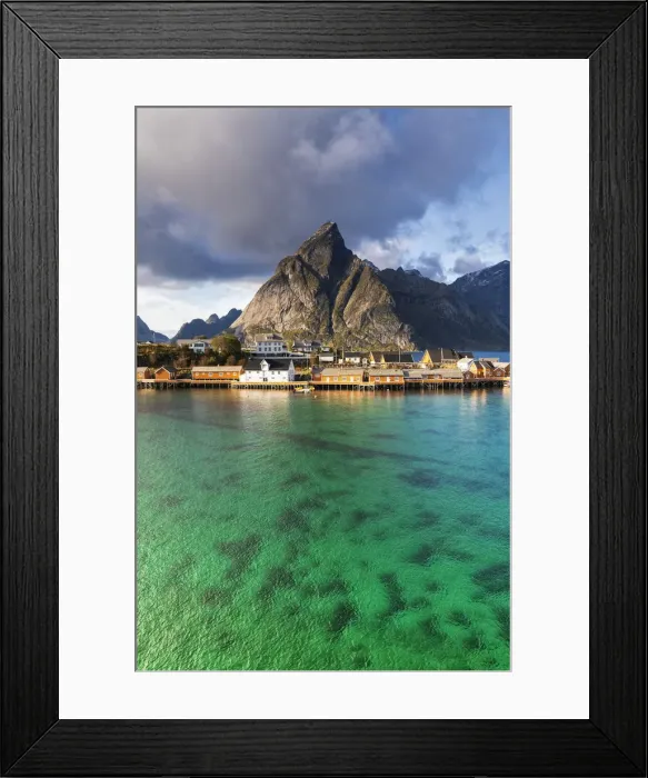 Framed Print : Fishing village of Sakrisoy with Olstinden mountain on background, Reine, Nordland Framed Print : Fishing village of Sakrisoy with Olstinden mountain on background, Reine, Nordland