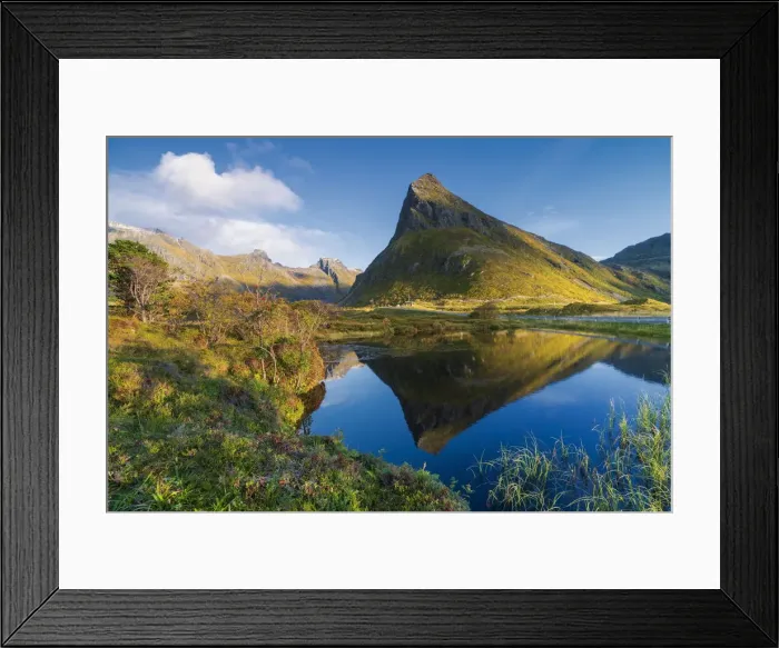 Framed Print : Mount Volanstinden and fjord during autumn, Fredvang, Nordland county, Lofoten Islands Framed Print : Mount Volanstinden and fjord during autumn, Fredvang, Nordland county, Lofoten Islands