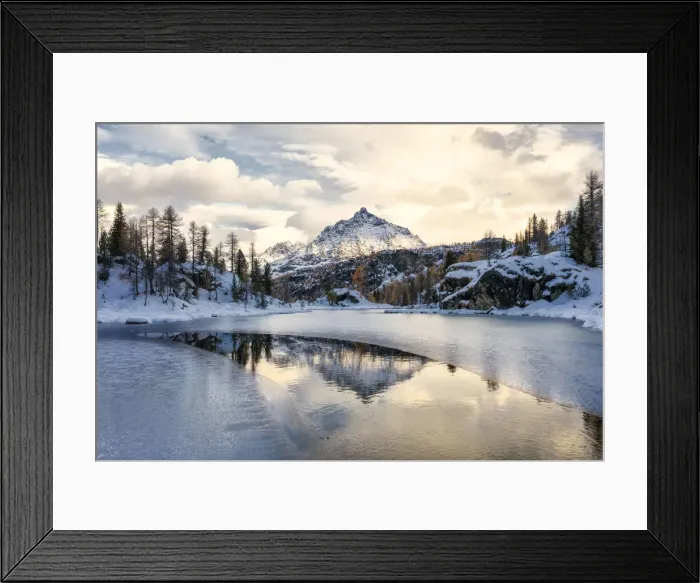 Framed Print : Snowy peak of Sasso Moro reflected in the frozen lake MufulA¨, Malenco Valley Framed Print : Snowy peak of Sasso Moro reflected in the frozen lake MufulA¨, Malenco Valley