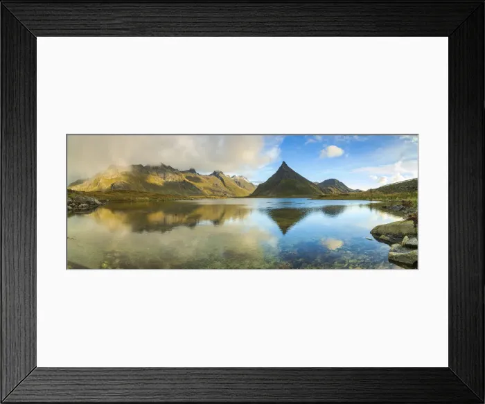 Framed Print : Panoramic of mount Volanstinden and fjord, Fredvang, Nordland county, Lofoten Islands Framed Print : Panoramic of mount Volanstinden and fjord, Fredvang, Nordland county, Lofoten Islands