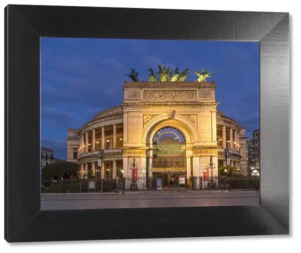 Politeama Theater during blue hour, Palermo, Sicily, Italy, Europe