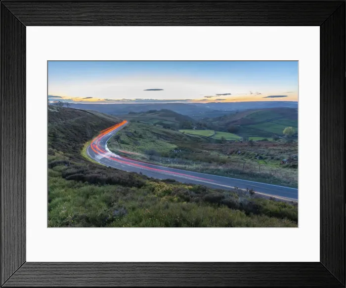 Framed Print : Car trail lights near Curbar Edge at dusk, Derbyshire, Peak District National Park Framed Print : Car trail lights near Curbar Edge at dusk, Derbyshire, Peak District National Park